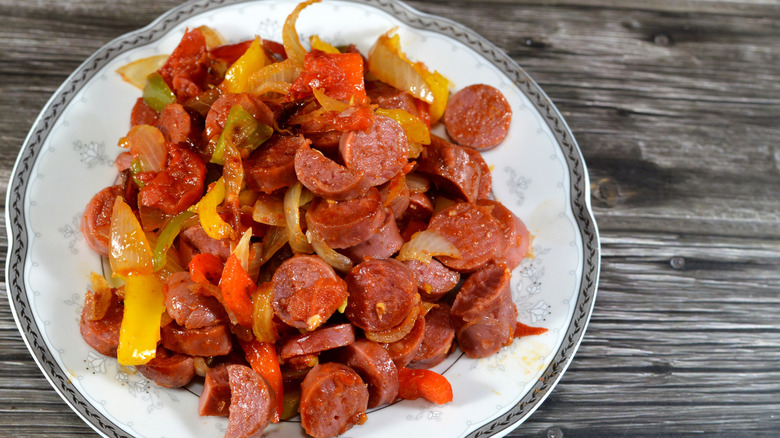 Vienna sausages with peppers and onions