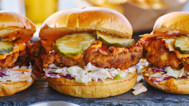Nashville hot chicken sandwich with creamy coleslaw and pickles