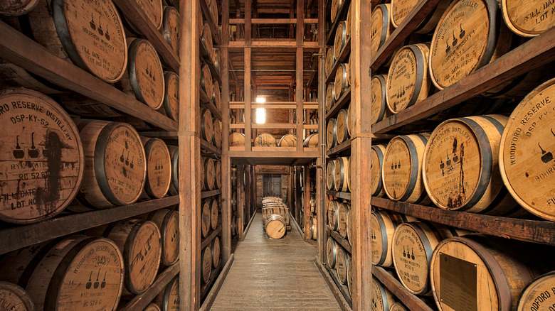 bourbon barrels aging in rickhouse