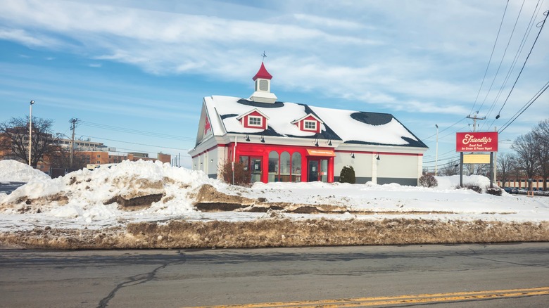 Friendly's restaurant covered in snow