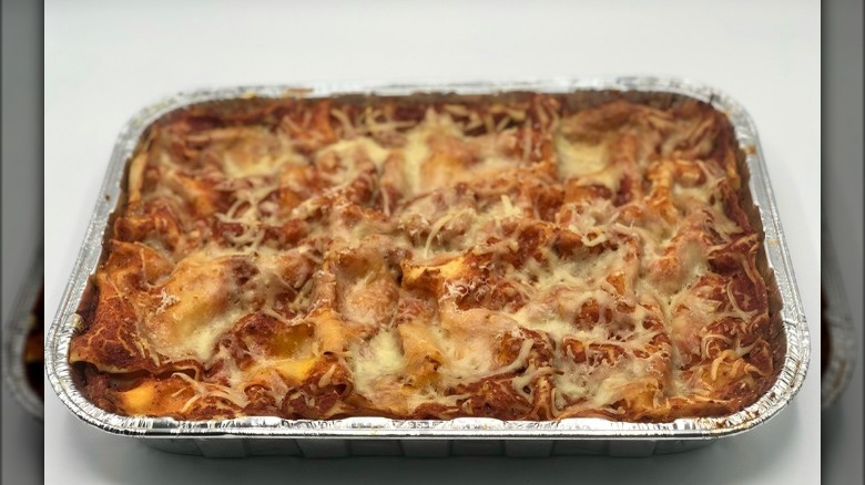 cooked lasagna in a pan