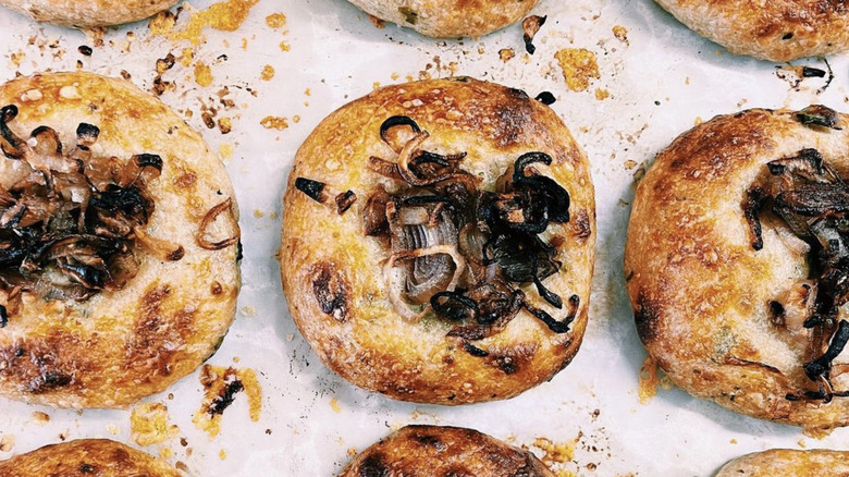 caramelized onion bialys on tray