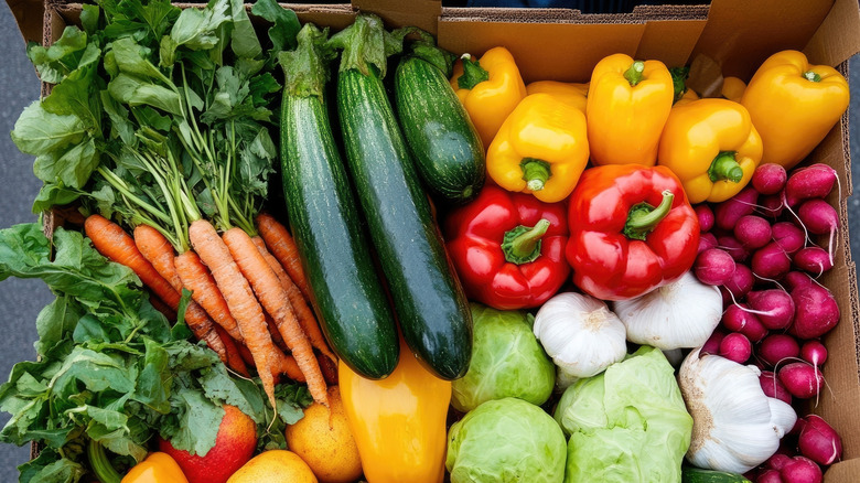 A selection of produce inside a CSA box.