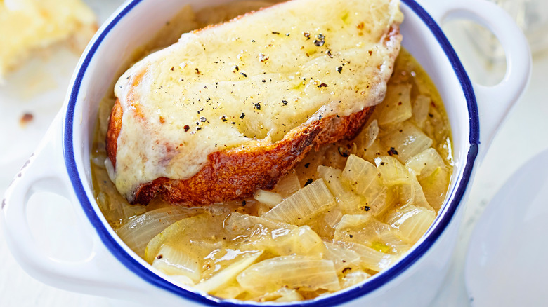 french onion soup in white bowl