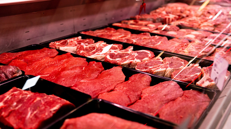 Steak in a display counter at a butcher