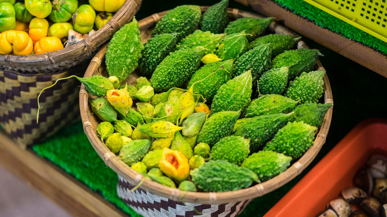 Bitter melons displayed in basket