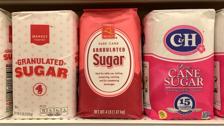Bags of granulated white sugar 