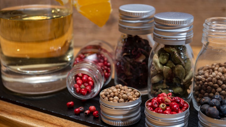 Glass of gin with coriander and botanicals