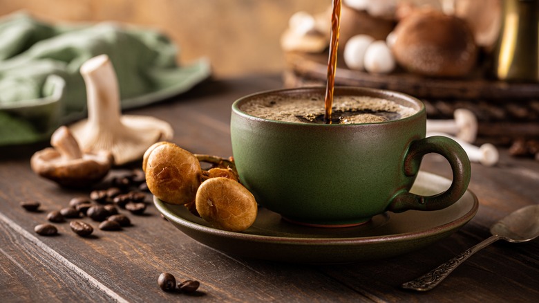 cup of mushroom coffee surrounded by mushrooms