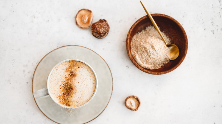 mushroom coffee latte and fresh mushrooms