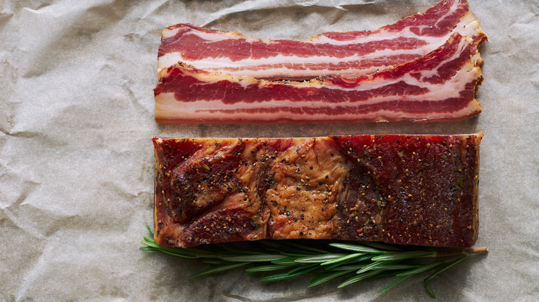 Pancetta with slices cut off