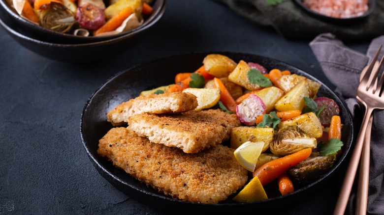 plant-based fish cakes and veggies
