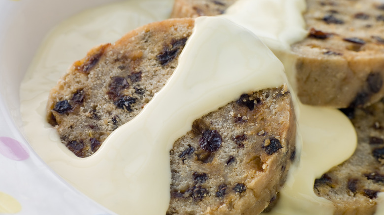 spotted dick in a bowl with custard