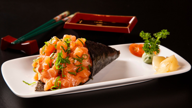 salmon temaki on plate