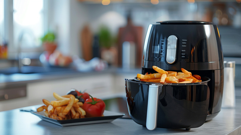 black airfryer with fries inside in focus with out of focus kitchen in background