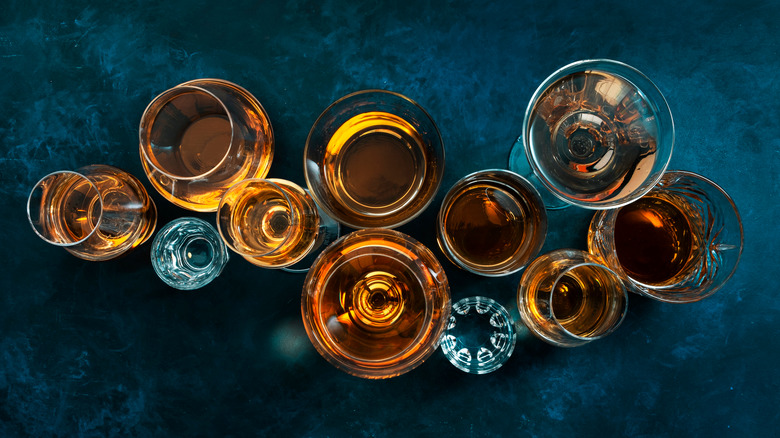 Overhead view of cognacs and brandies in glasses