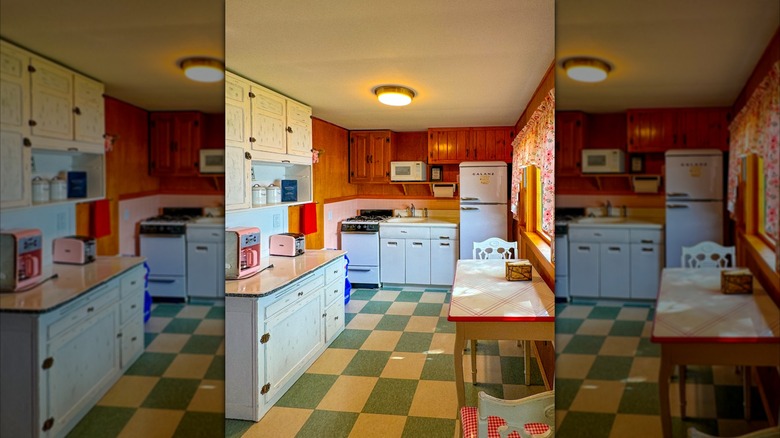 A vintage kitchen with green and white checkered floors