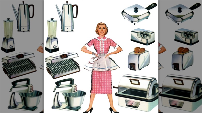 A 1950s print advertisement shows a housewife in a white apron surrounded by kitchen gadgets