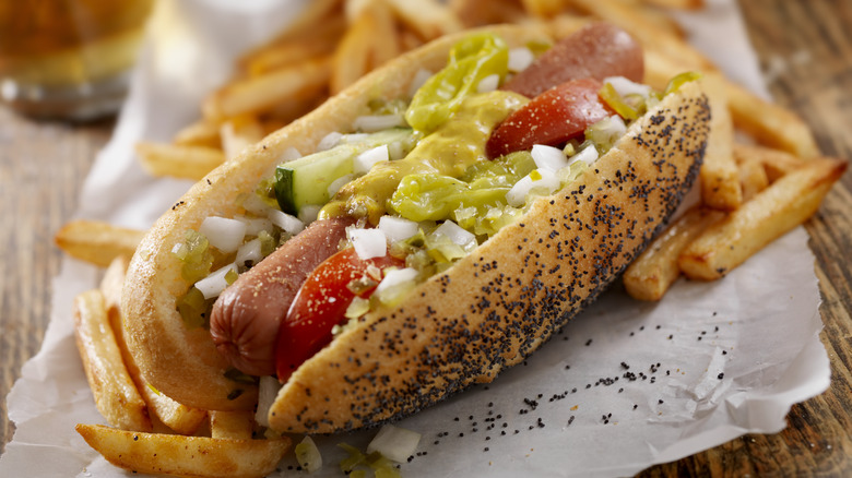 Chicago hot dog with fries