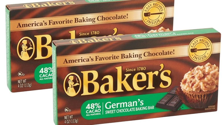 Two bars of Baker's German's sweet chocolate baking bars.