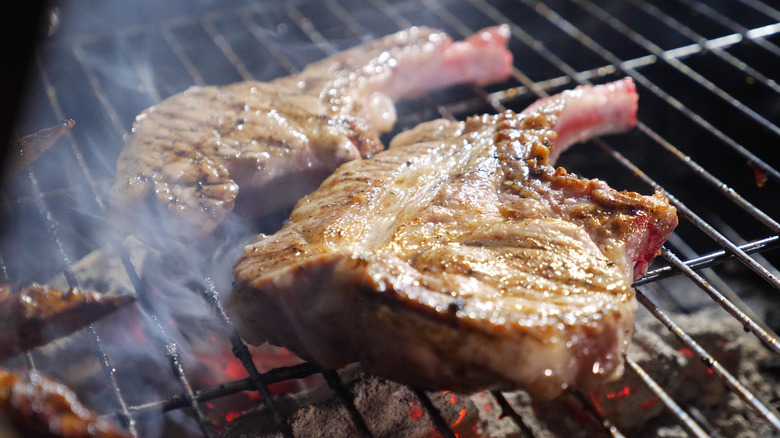 kurobuta pork chops on barbecue