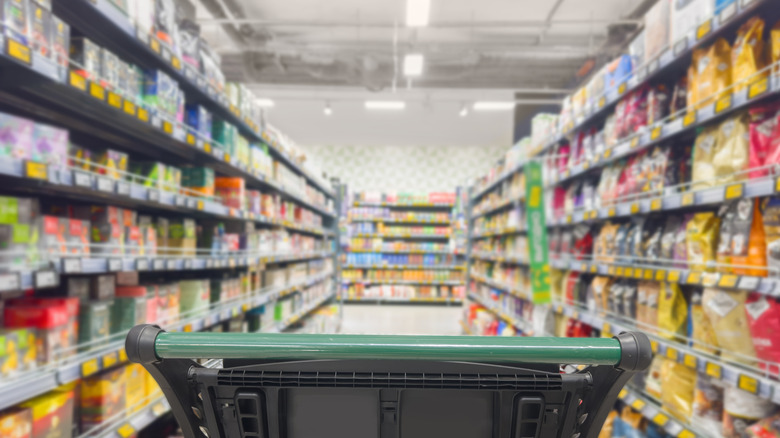 Pictured grocery cart inside of a store.