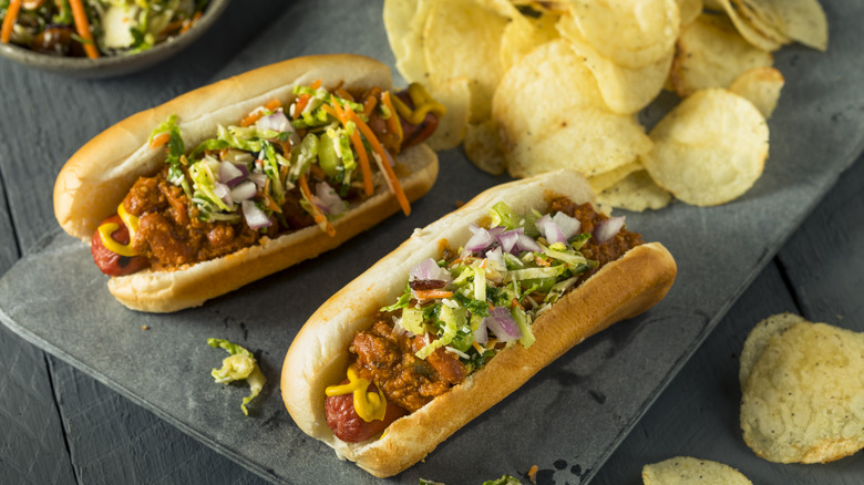 Hot dog with slaw, chili, and mustard