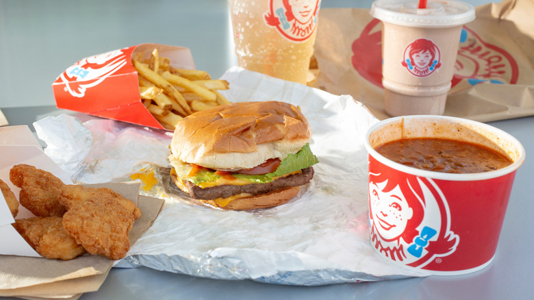 Wendy's chili, hamburger, fries, nuggets, and a Frosty