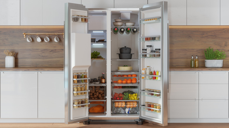 An open ans fully stocked but organized refrigerator.