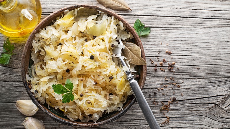 Bowl of sauerkraut with fork