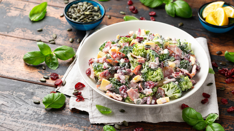 Bowl of Amish broccoli salad.