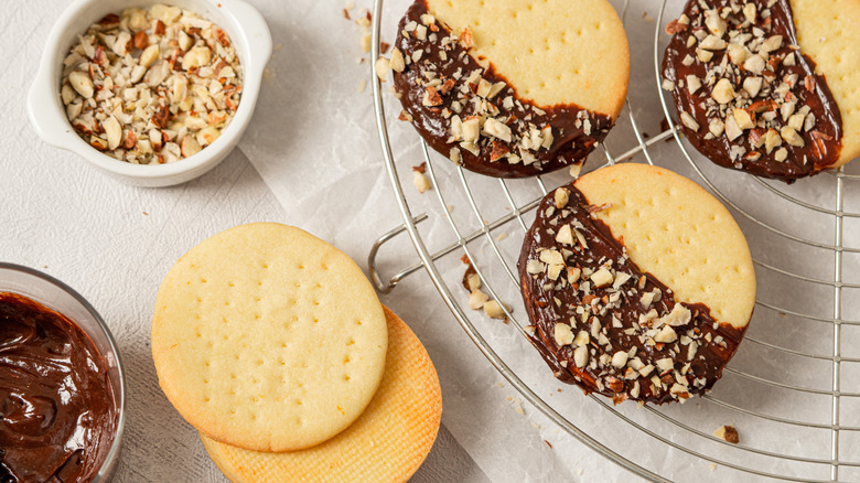Chocolate dipped shortbread cookies with almonds