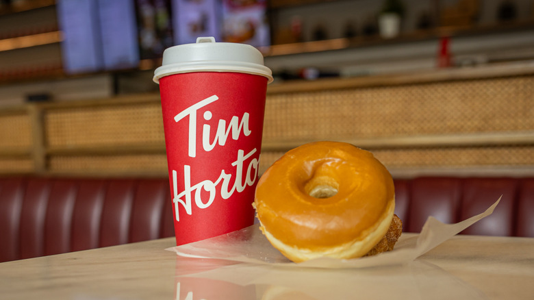 Tim Hortons coffee and donut.