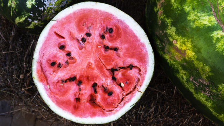 Watermelon cut in half with a crack on the side