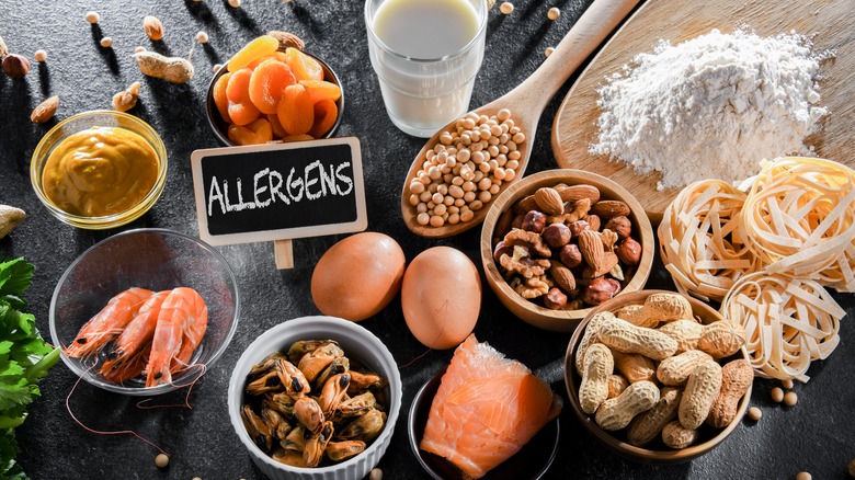 Allergens sign surrounded by eggs, nuts, seafood, and other known food triggers