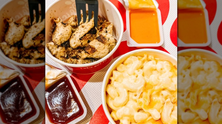 Chick-fil-A grilled chicken paired with mac and cheese dipping sauces