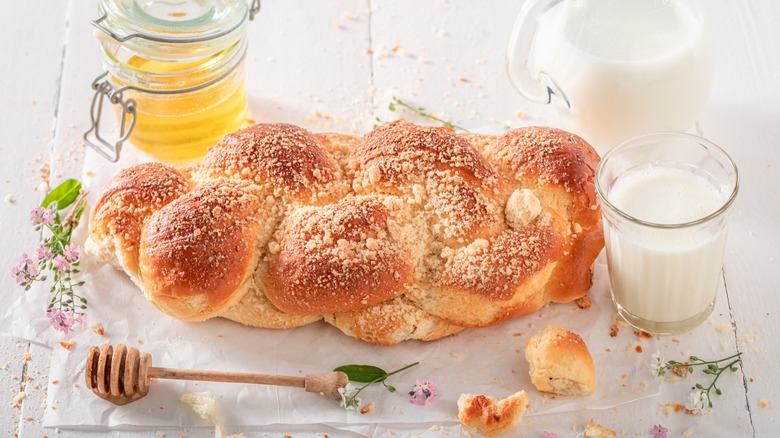 Milk, honey, and challah bread breakfast