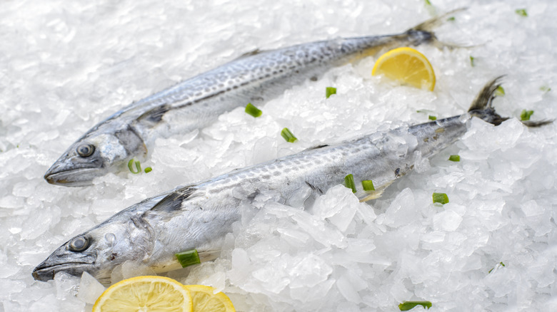 Two whole frozen fish sit in a bed of crushed ice with lemon slices