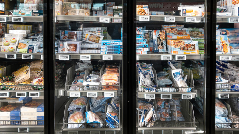 frozen seafood aisle at grocery store
