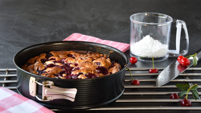 Cherry cake in springform pan on cooling rack