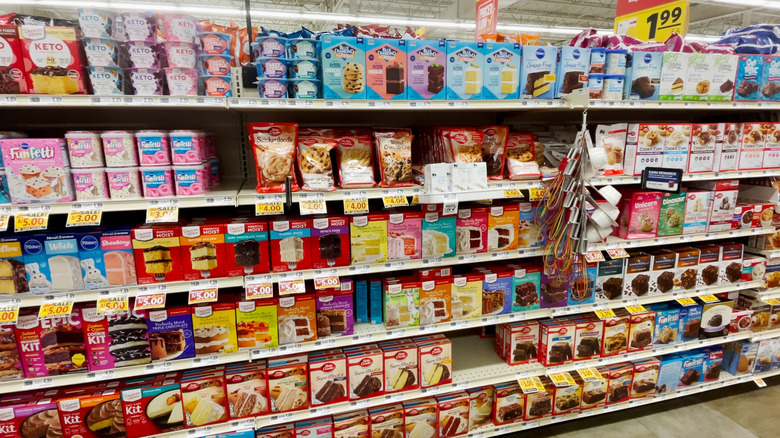 Various cake mixes for sale.