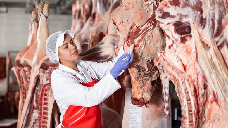 Female worker at meat processing center
