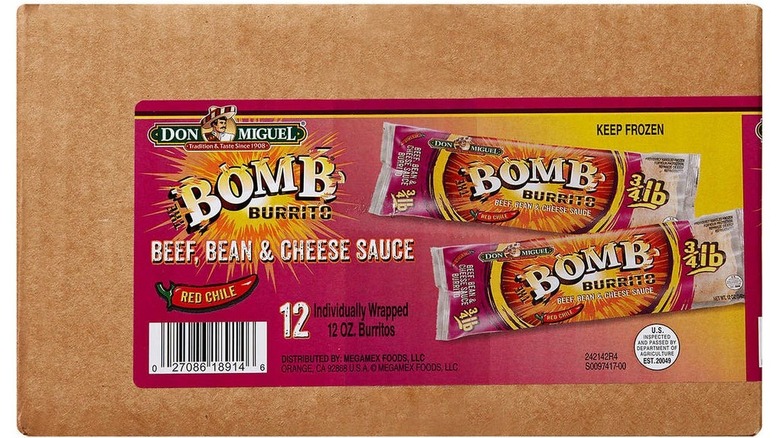 A box of burritos sits against a white background.