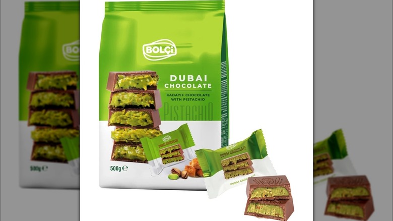 A bag of Dubai chocolates sits against a white background.