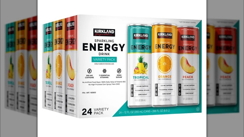 A box of sparkling energy drinks sits against a white background.