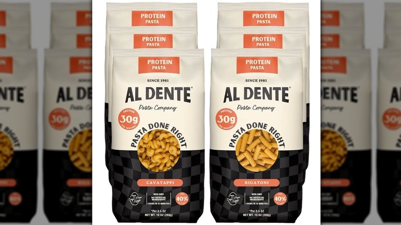 Bags of Al Dente brand Cavatappi and Rigatoni Protein Pasta