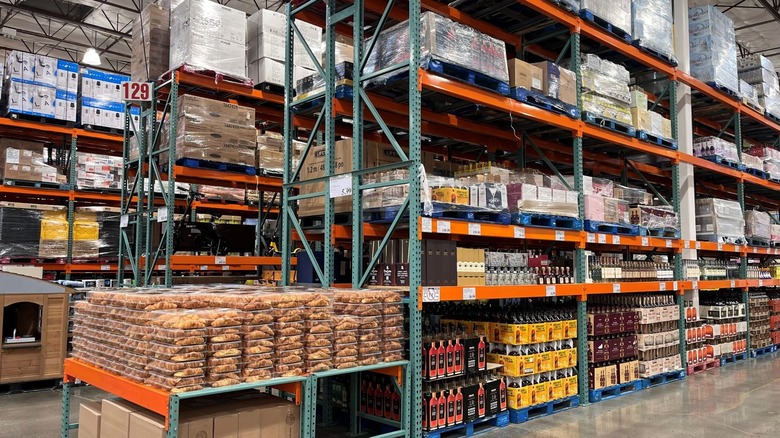 Rows of Costco shelves stocked with merchandise