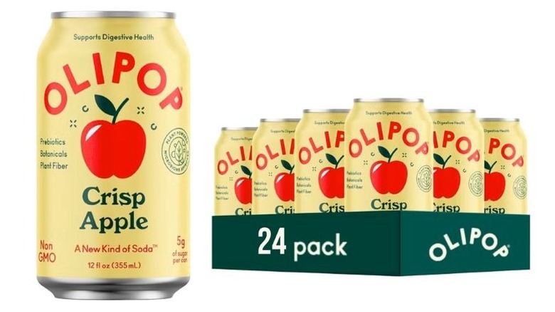 Can and case of Olipop's Crisp Apple Prebioitic Soda