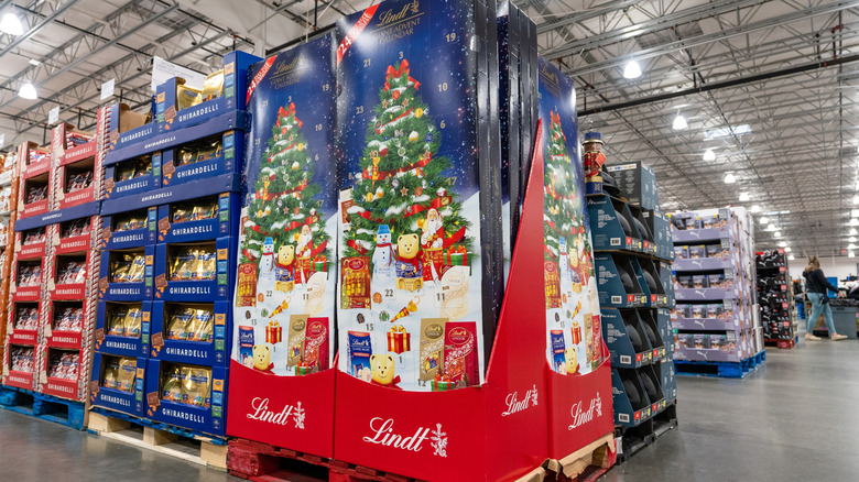 A towering display of Christmas seasonal goods at Costco