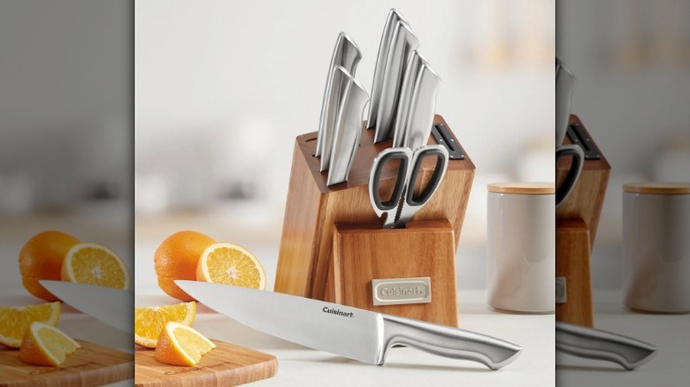 A Cuisinart knife set with block and sharpener